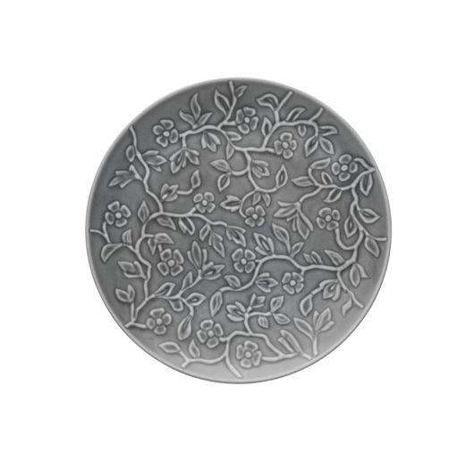 Talerz płytki 20,5 cm Lubiana Hanami szary K100 - reliefowy wzór gałązek i kwiatów wiśni na całej powierzchni, widok z góry