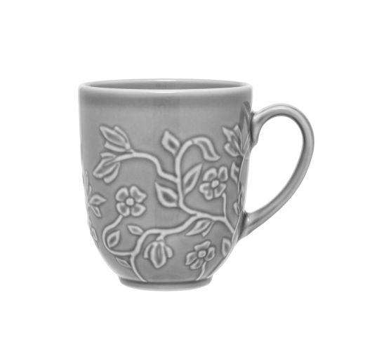 Kubek 350 ml Lubiana Hanami szary K100 - reliefowy wzór gałązek i kwiatów wiśni na całej powierzchni, widok z boku