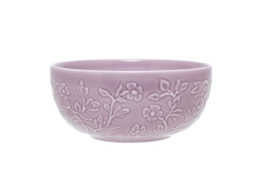 Salaterka 16 cm Lubiana Hanami jagodowa KR00 - reliefowy wzór gałązek i kwiatów wiśni na zewnętrznej ściance, widok z boku