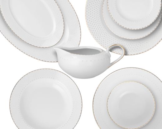 Serwis obiadowy Chodzież Yvonne Bella, biała porcelana ze złotą koronką