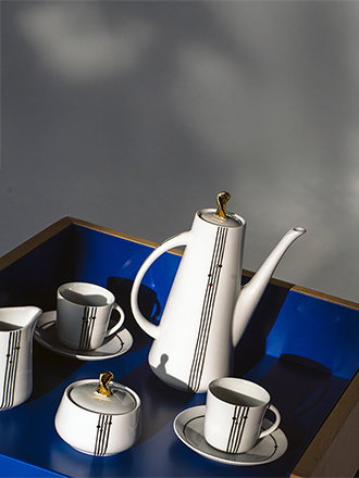 Zestaw kawowy Ćmielów Prometeusz Koneser, biała porcelana ze złotem